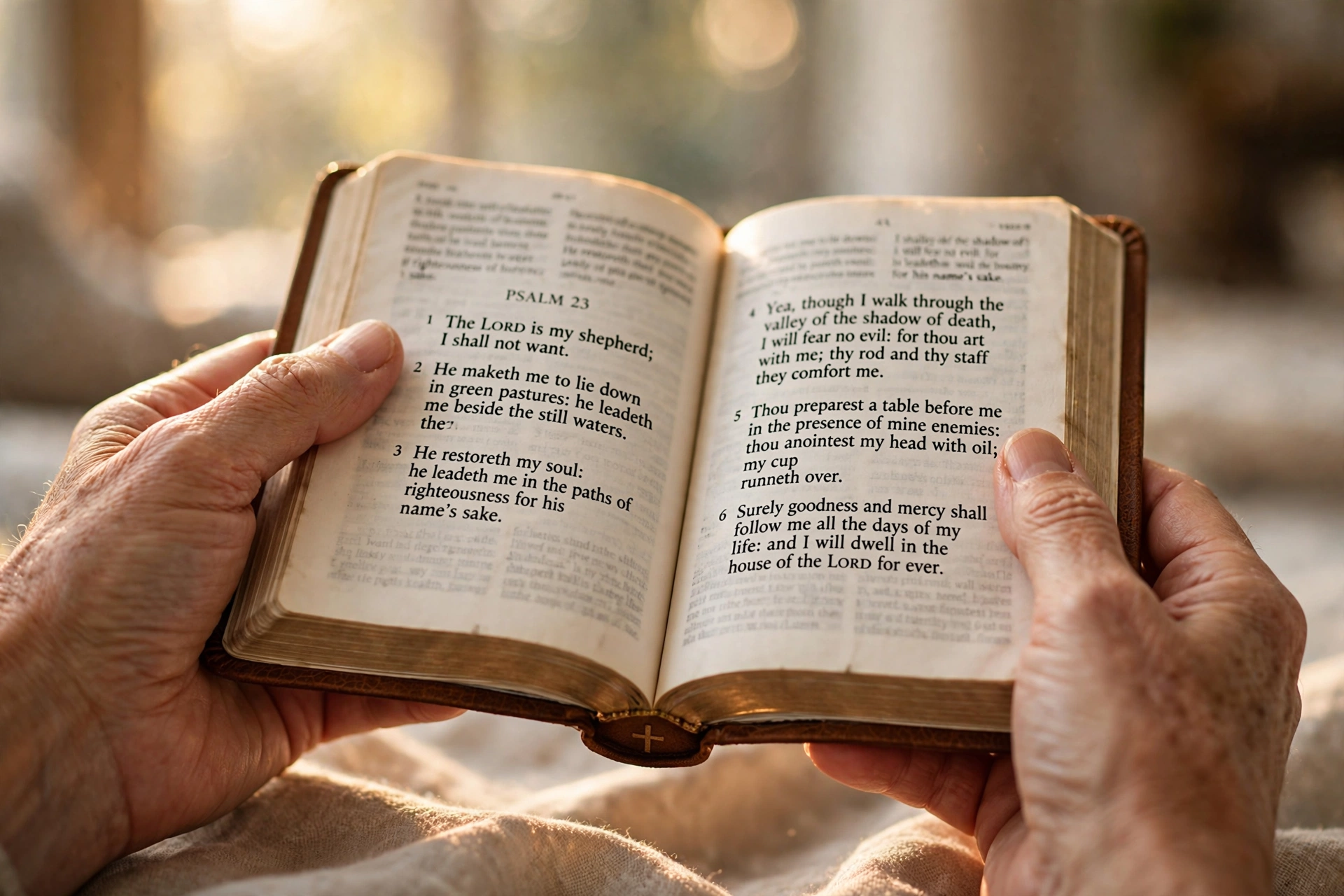 Hands reverently holding an open Bible, symbolizing the transmission of sacred wisdom and the act of giving one's life to God's word.