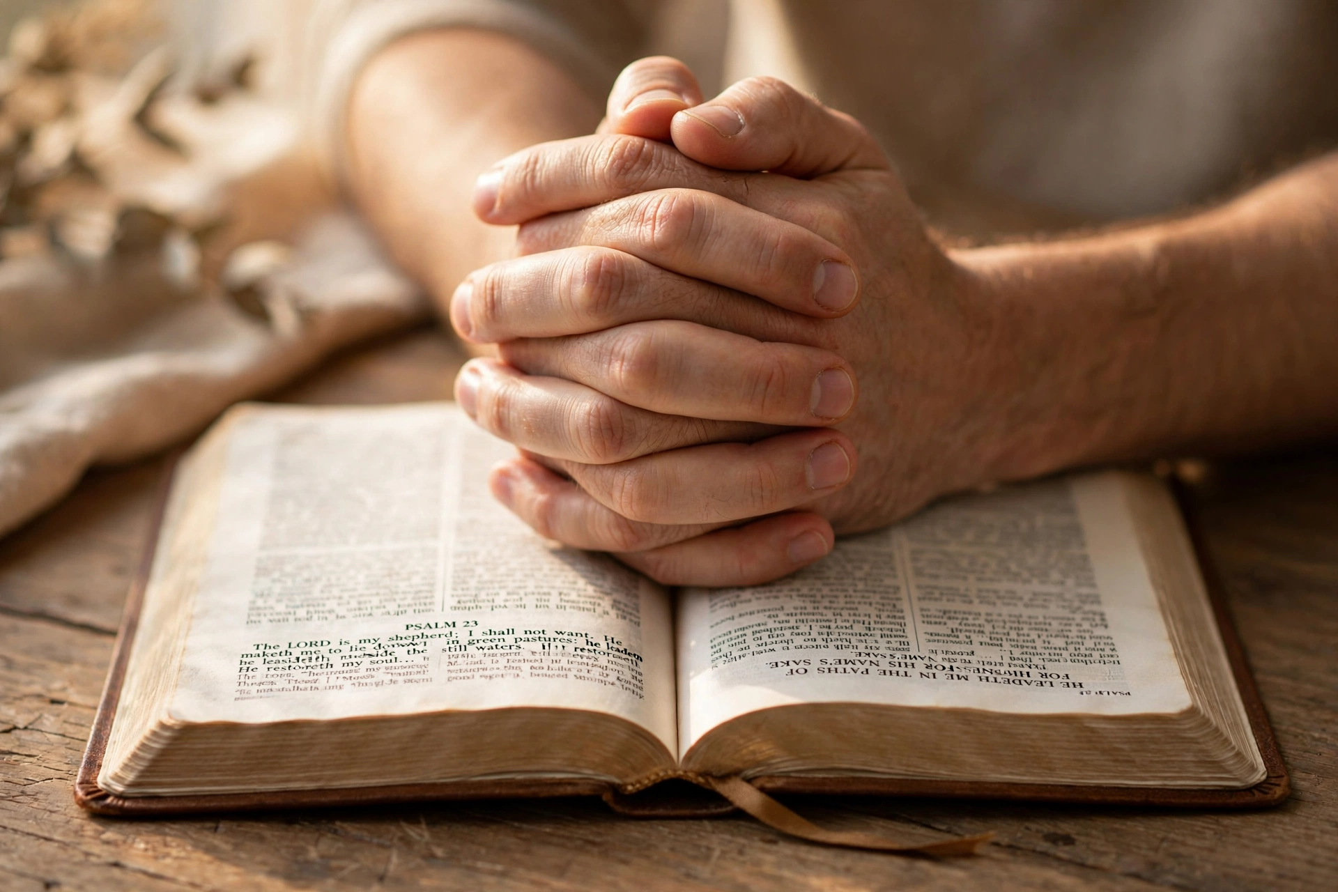 A pair of hands clasped in prayer resting atop an open Bible, symbolizing deep devotion and spiritual connection.