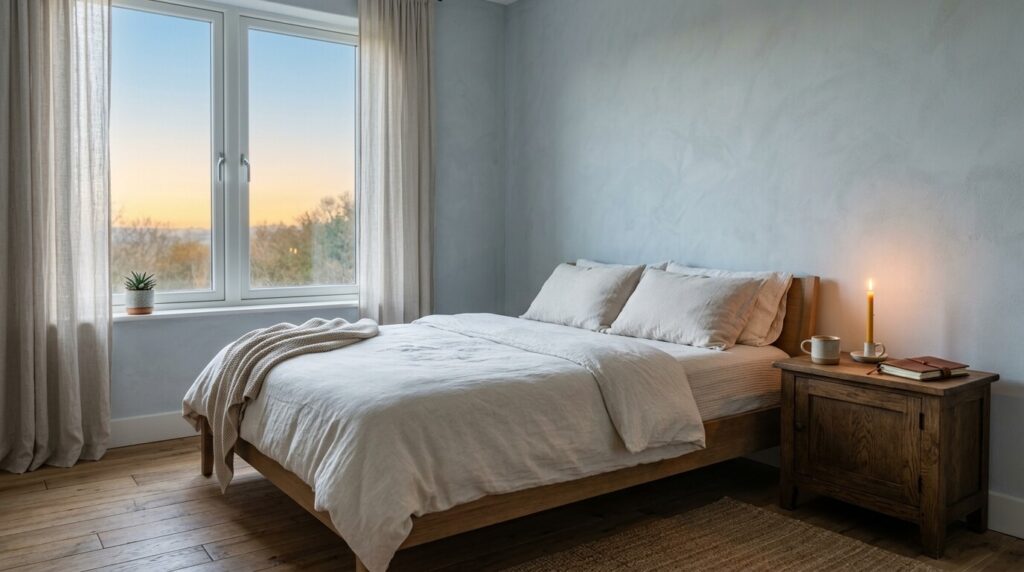 A peaceful bedroom at dawn representing spiritual rest.