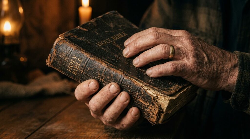Hands holding a Bible for comfort.