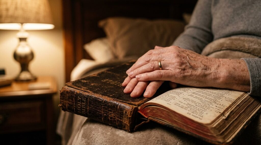 Hands resting on a Bible seeking comfort during a restless night.