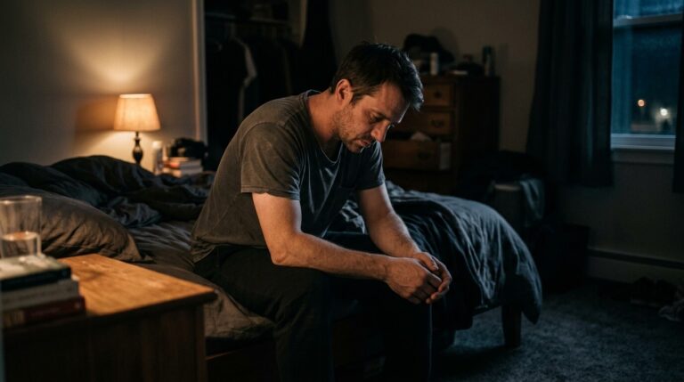 Tired man sitting on the edge of the bed at night, exhausted, lit only by a bedside lamp