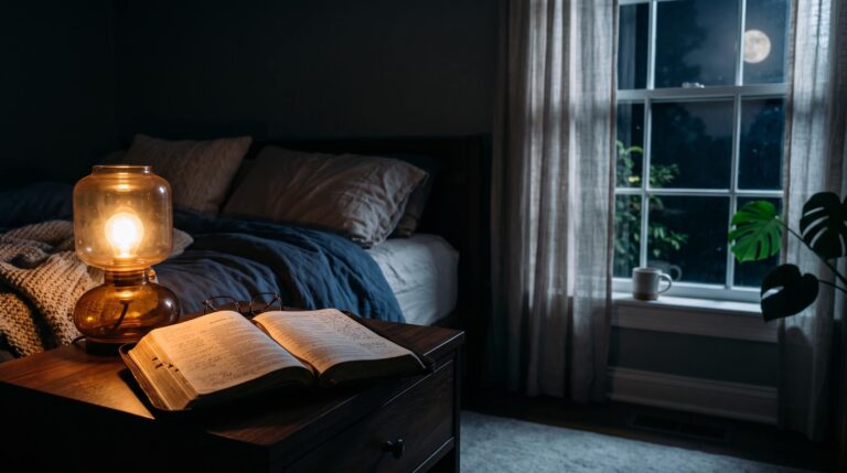 A quiet bedroom at night with an open Bible on a nightstand, symbolizing peace and rest during sleeplessness.