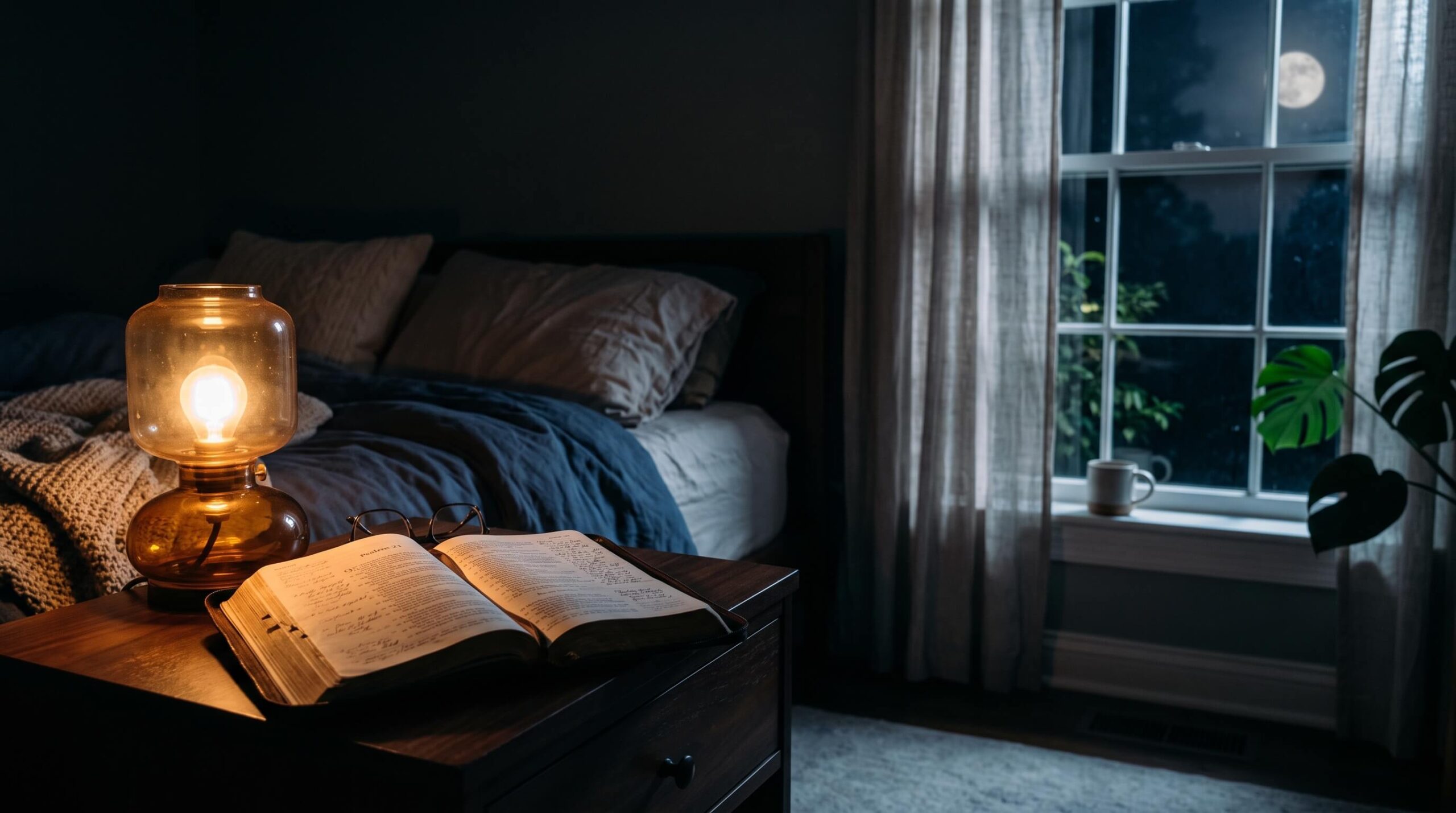 A quiet bedroom at night with an open Bible on a nightstand, symbolizing peace and rest during sleeplessness.