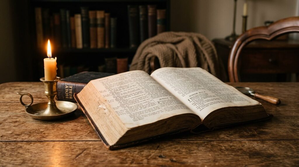 An open Bible on a bedside table in a quiet room at night.