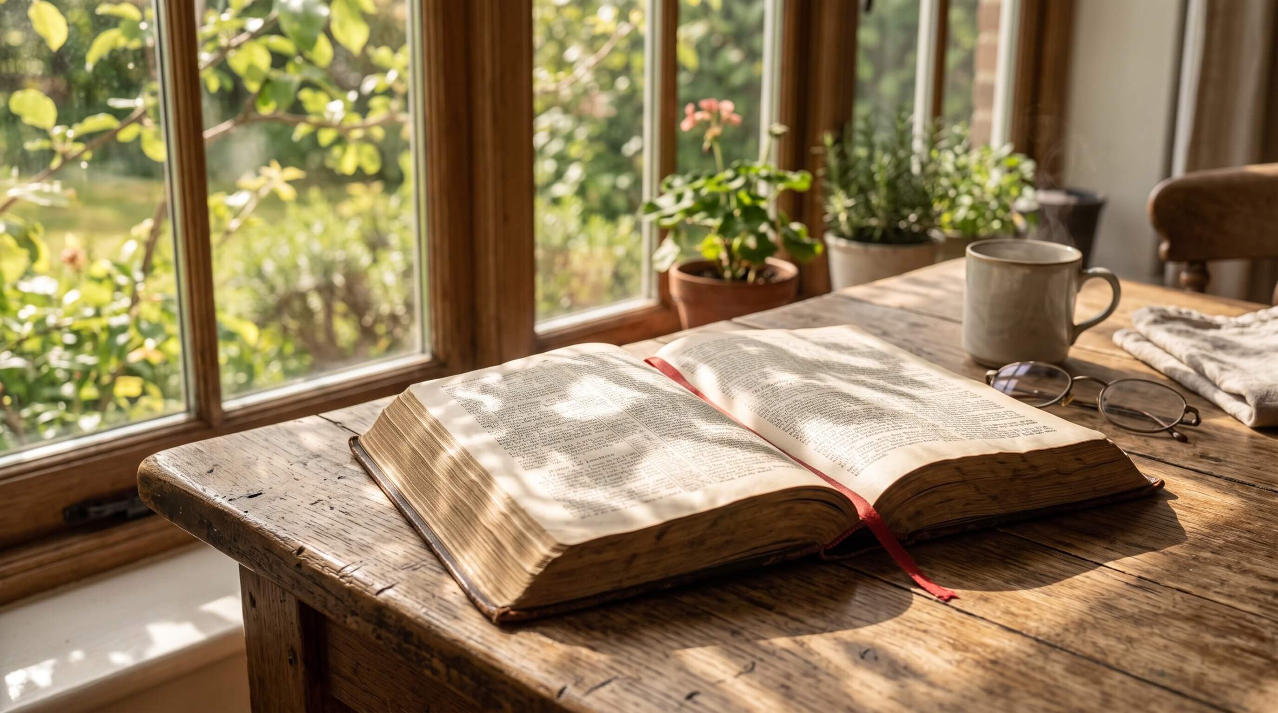 An open Bible illuminated by warm morning light on a wooden table representing mental clarity.