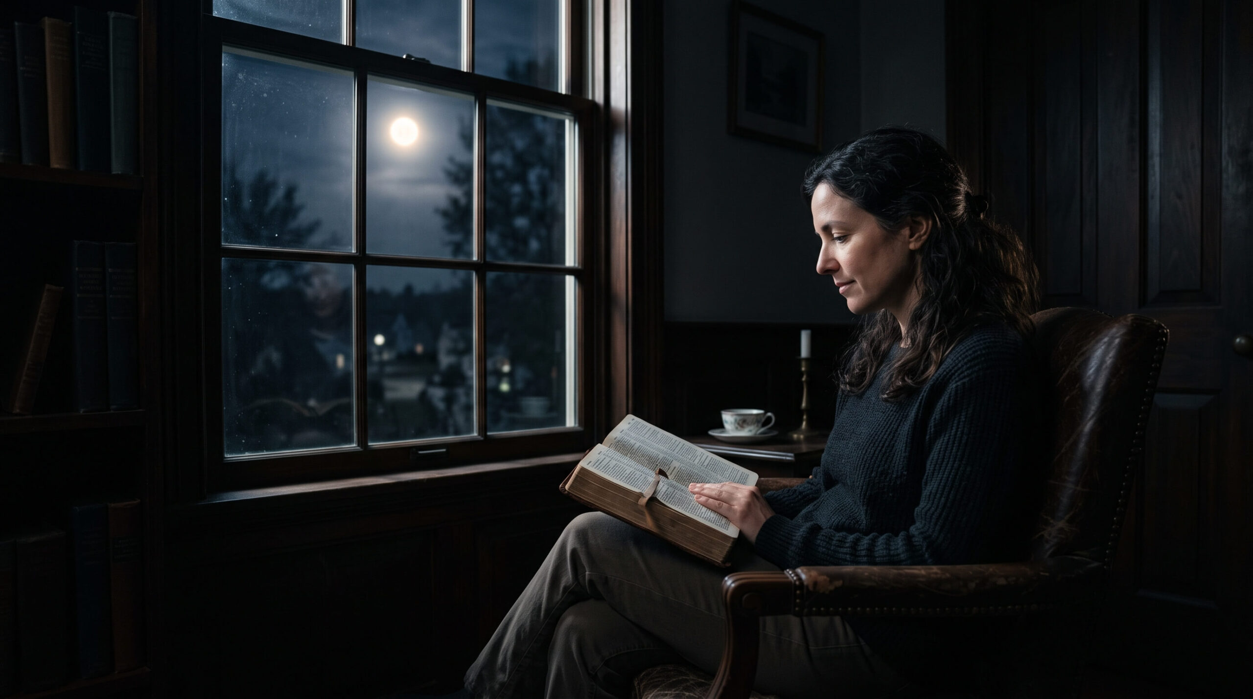 A person finding peace through reading the Bible in the quiet hours of the night.