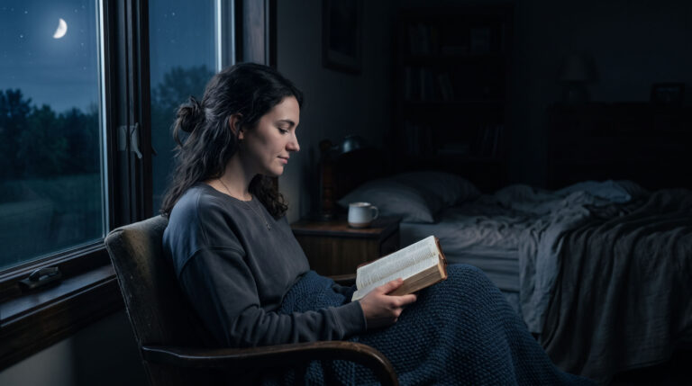 A person finding peace through prayer in a quiet, dimly lit bedroom at night.