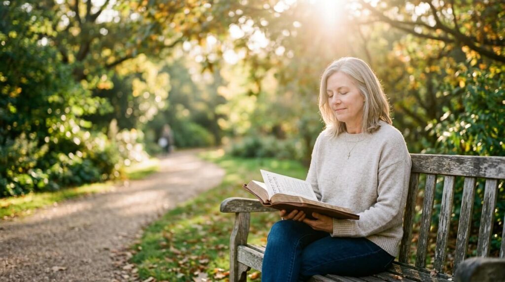 A person sitting on a sunlit bench holding an open Bible in peaceful contemplation.