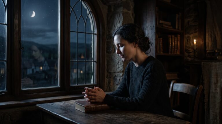 A peaceful person praying by a window at night, representing finding calm in God during anxious times.A peaceful person praying by a window at night, representing finding calm in God during anxious times.