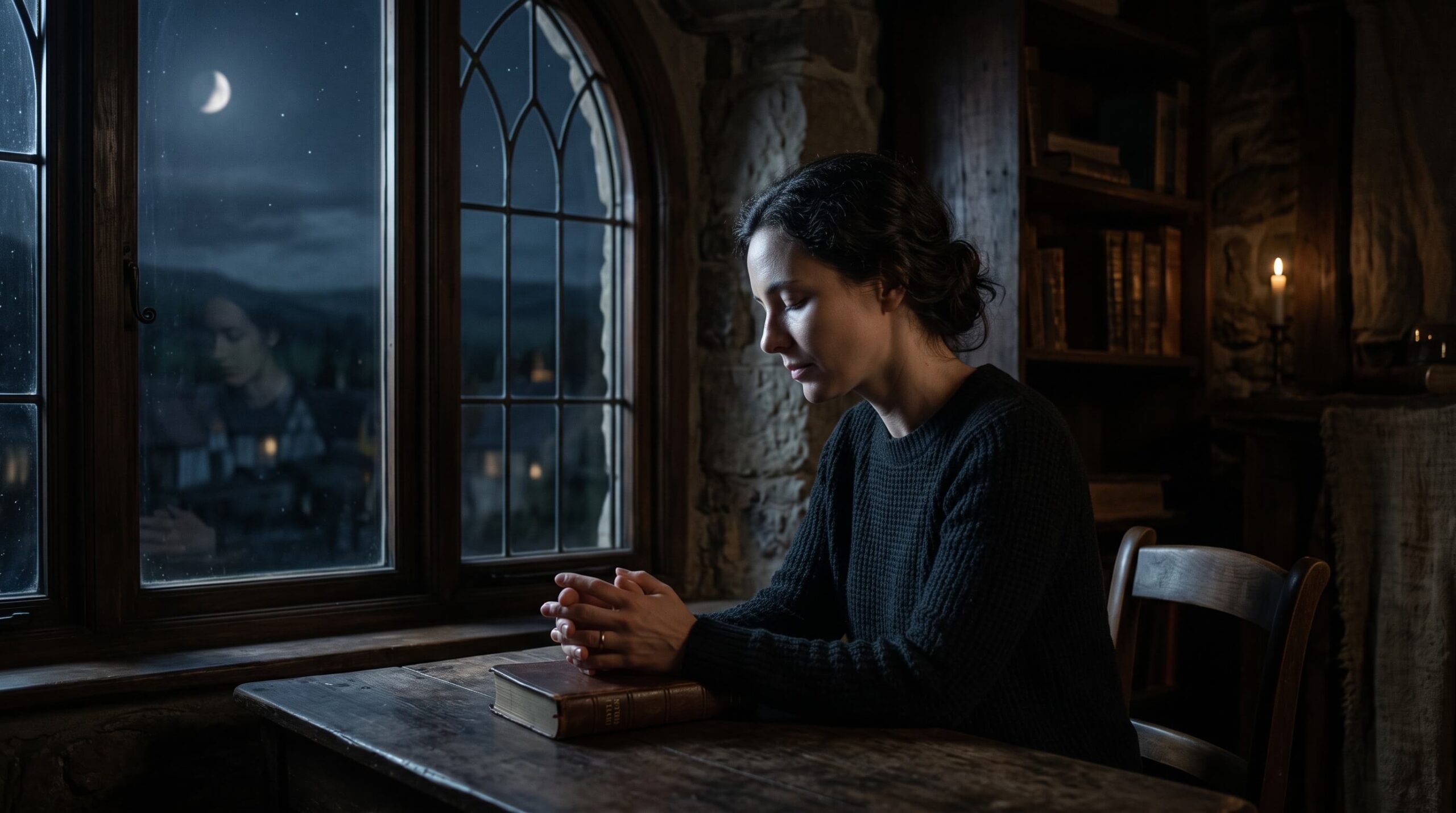 A peaceful person praying by a window at night, representing finding calm in God during anxious times.A peaceful person praying by a window at night, representing finding calm in God during anxious times.