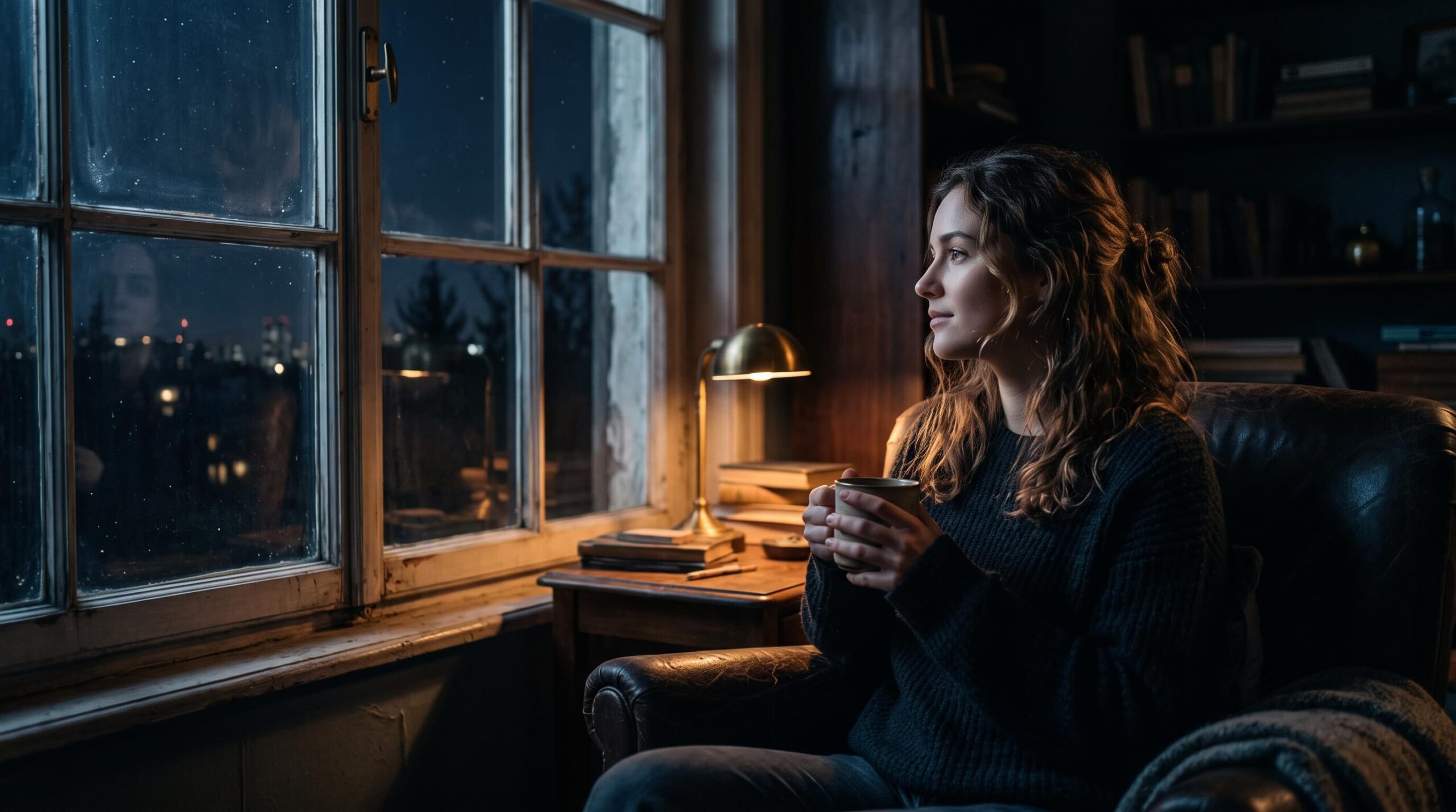 A person finding peace through prayer in a quiet, dimly lit room at night.