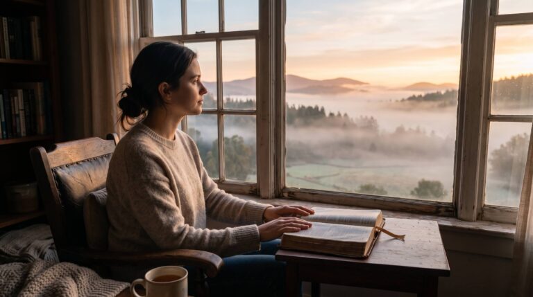 A person sitting peacefully by a window at dawn, finding comfort in the Bible.