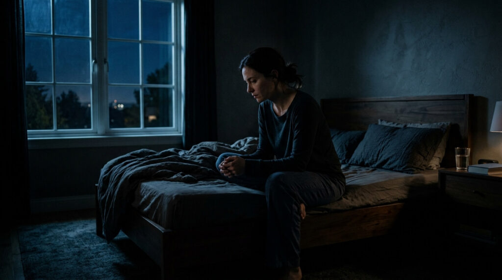 Woman sitting on her bed at night, praying and reflecting during a moment of worry