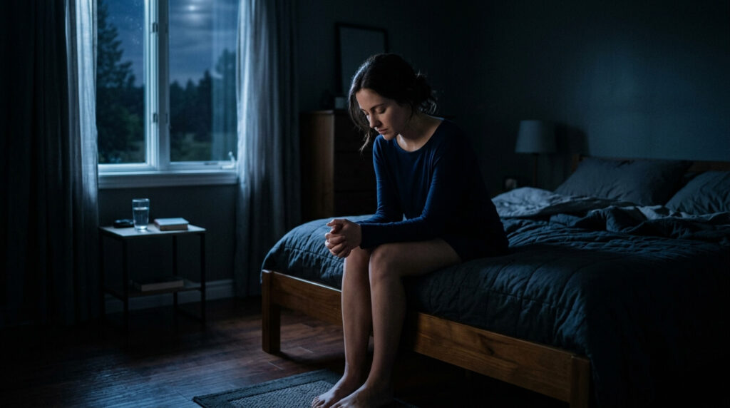 A person praying in the silence of their bedroom at night.