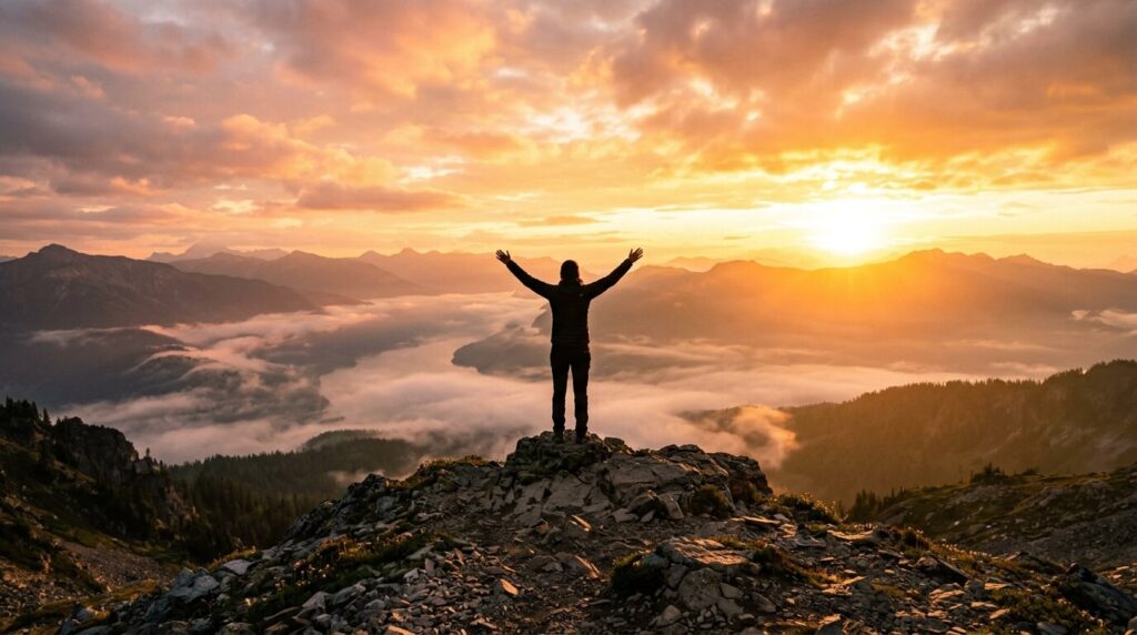 A silhouette of a person standing on a hill at sunrise surrendering panic to God.