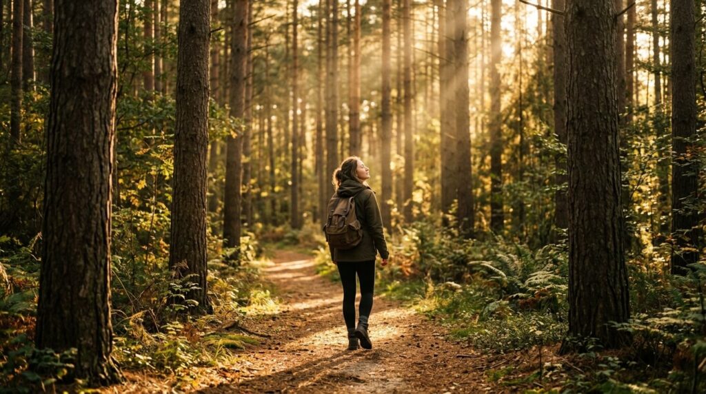 A person walking peacefully along a sunlit forest trail symbolizing freedom from overthinking.