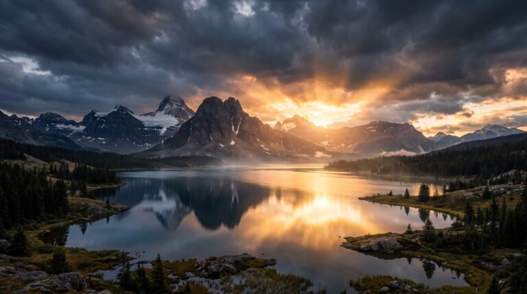 Golden morning sunlight breaking through storm clouds over a calm lake symbolizing victory over panic.