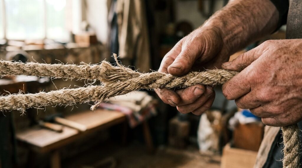 Two frayed rope strands being twisted together, symbolizing renewed strength in God