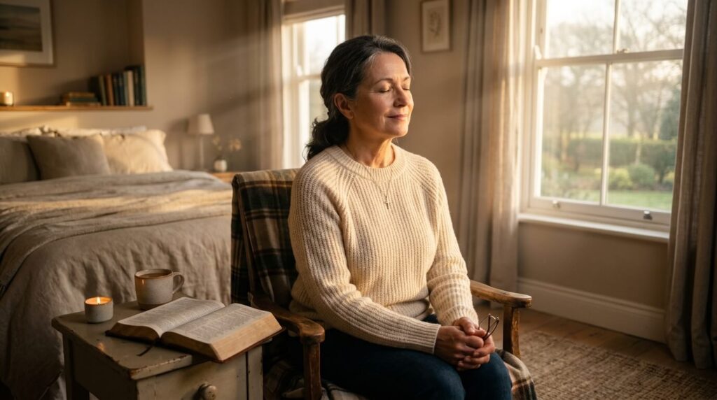 Christian woman praying for divine tranquility, peace, and spiritual comfort with an open Bible nearby
