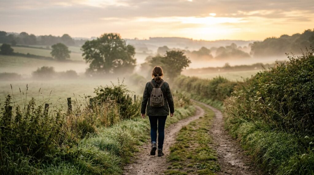 Woman walking alone on a countryside path at sunrise, symbolizing renewed strength