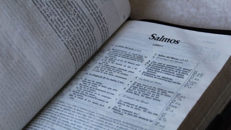 Bible open to Psalm chapter 33 for verse-by-verse commentary and study